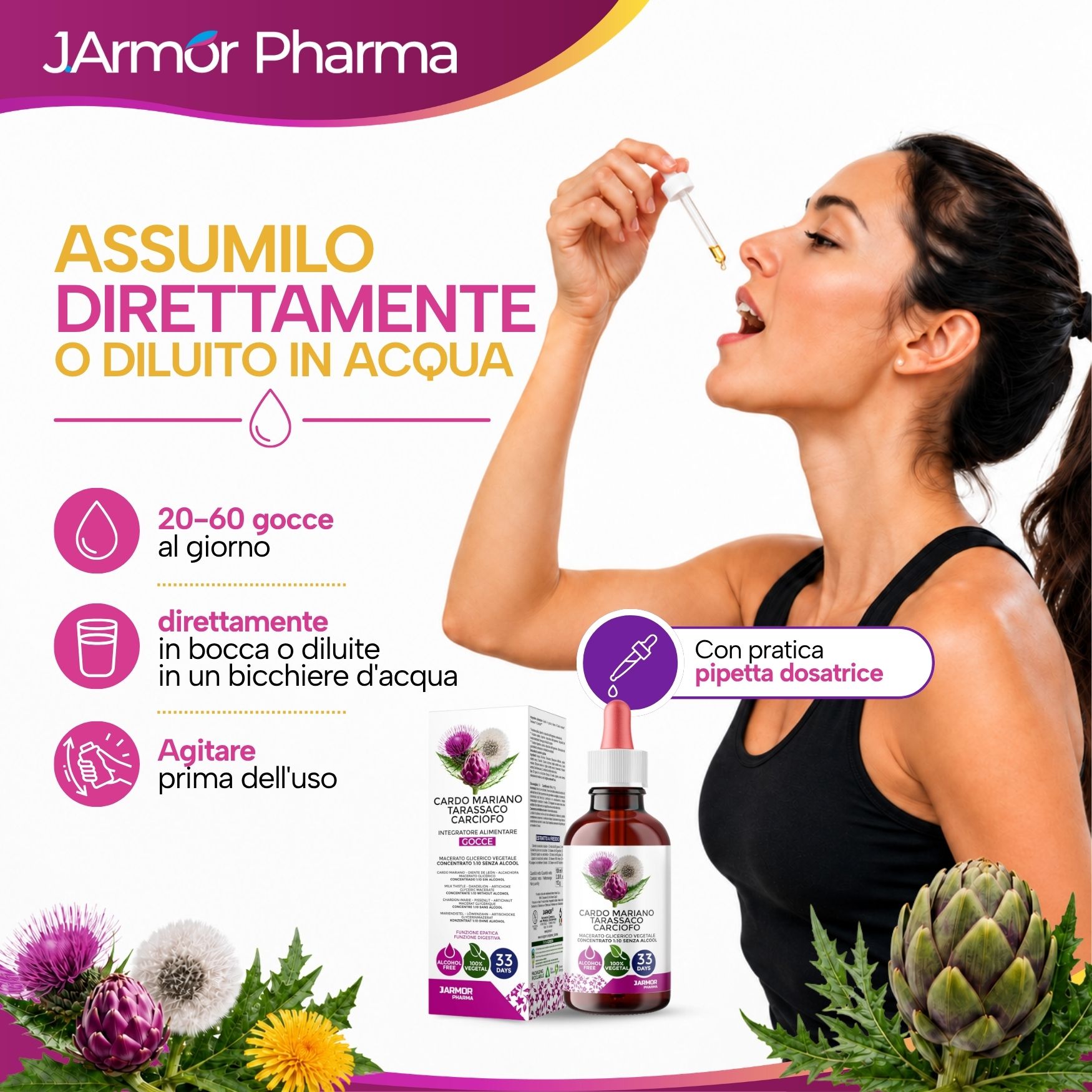 Utilizzo: Diretto o diluito, 20-60 gocce al giorno, contagocce.