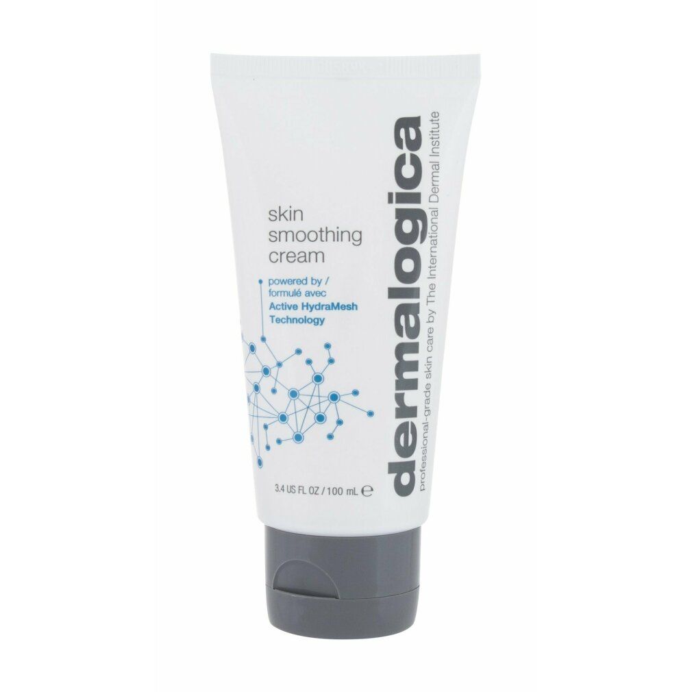 Tubo bianco, tappo grigio. Scritta: skin smoothing cream, Dermalogica. 1.7 US FL OZ / 100 ml.
