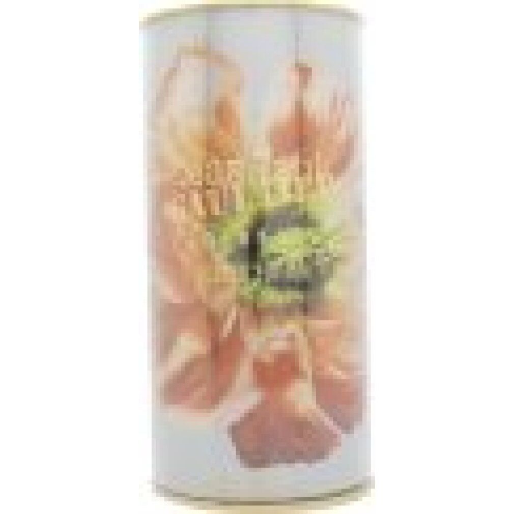 Confezione cilindrica con motivo floreale e scritta. Bordo dorato. Stampa con il nome del prodotto.