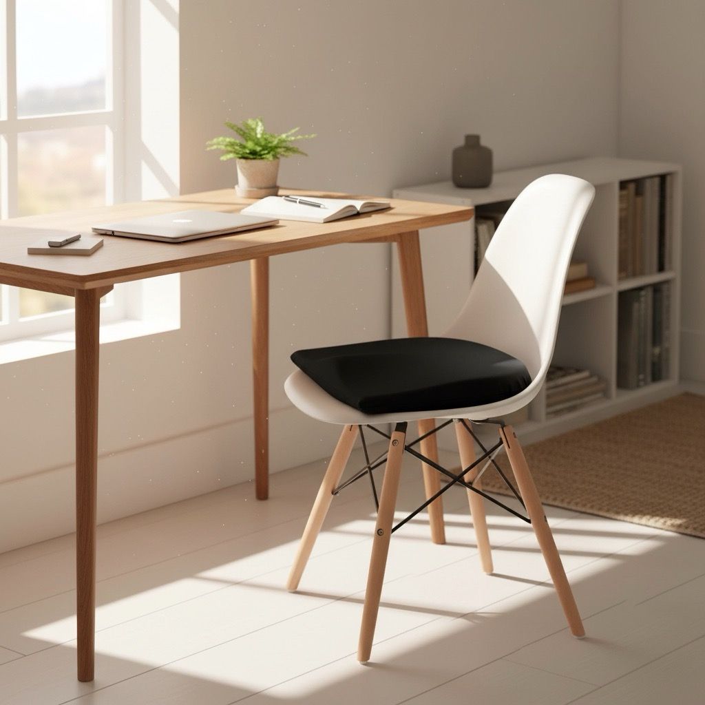 Cuscino per seduta nero a forma di cuneo su una sedia. Tavolo con laptop e pianta.