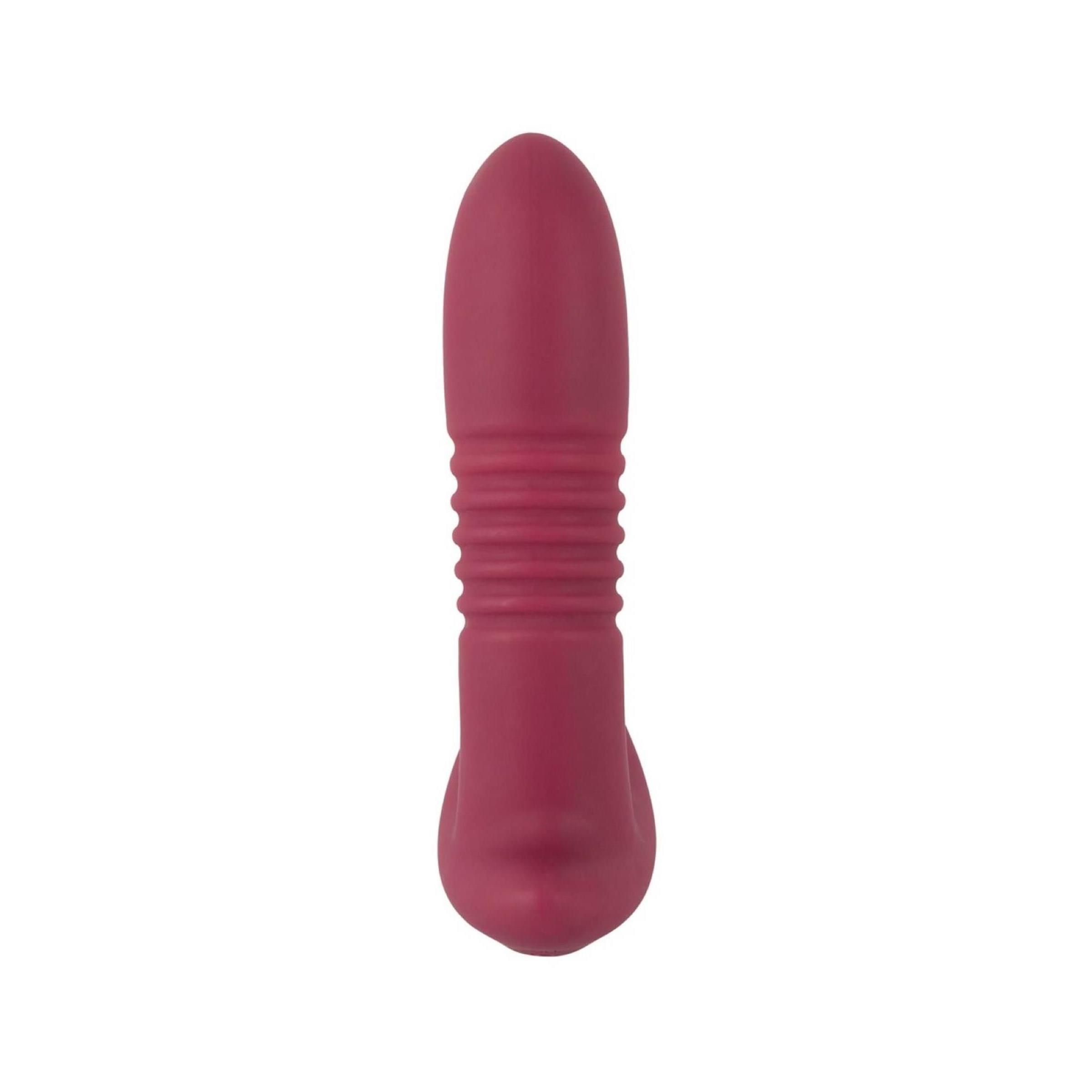 Vibratore bordeaux con superficie scanalata. Forma cilindrica con estremità arrotondata.