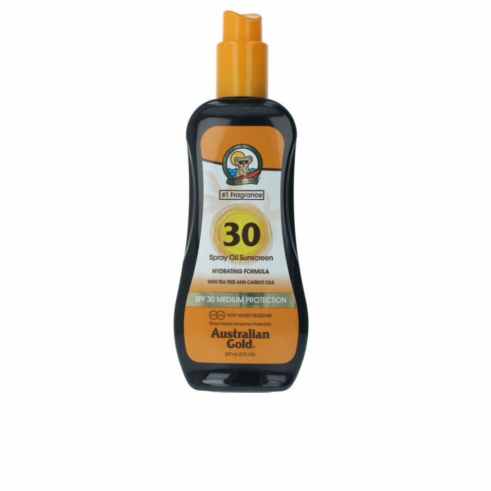 Spray solare SPF 30. Flacone nero con etichetta gialla e erogatore spray. Testo: Australian Gold, SPF 30 Medium Protection.