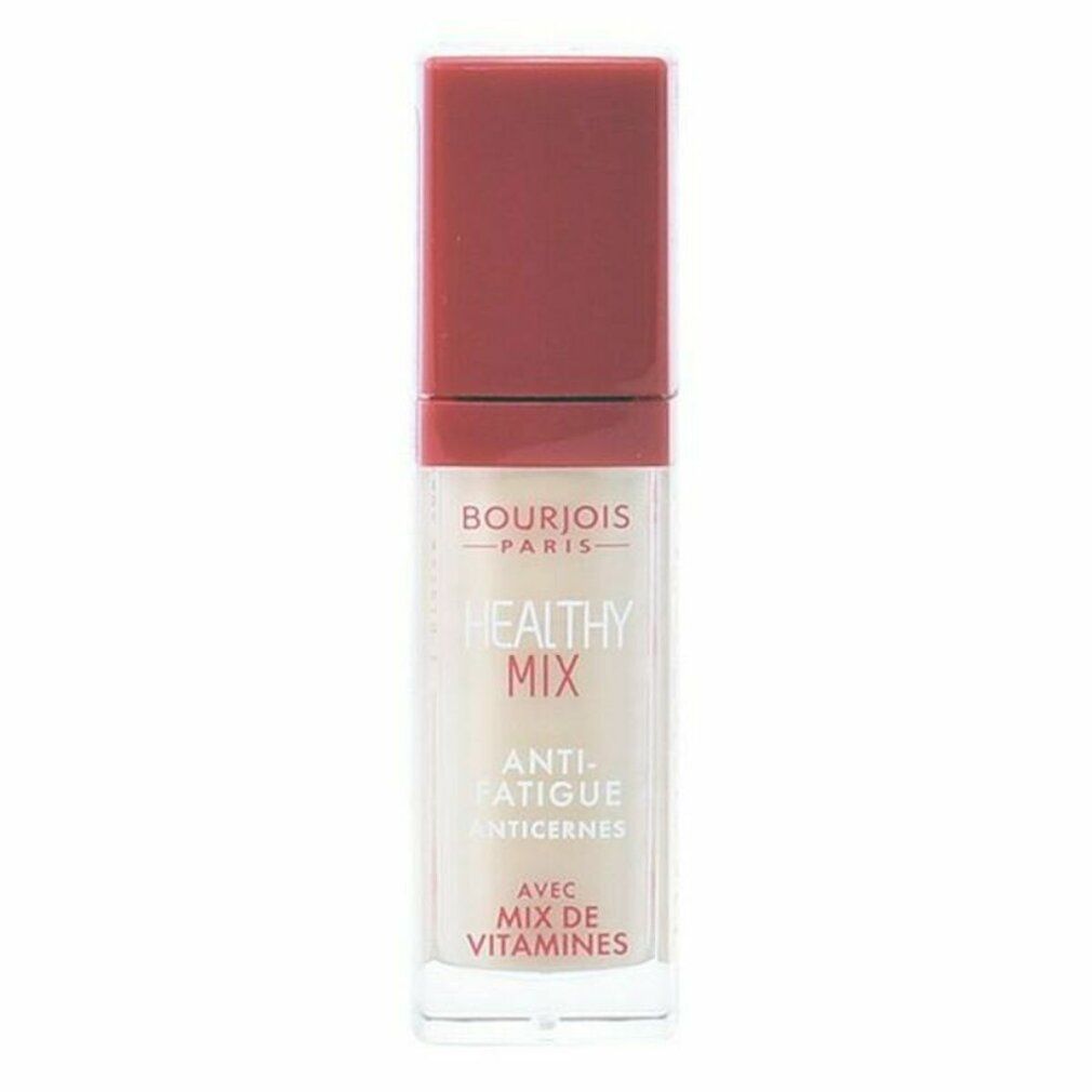 Correttore Bourjois Healthy Mix tonalità chiara con tappo rosso. Flacone trasparente che mostra il prodotto beige chiaro.
