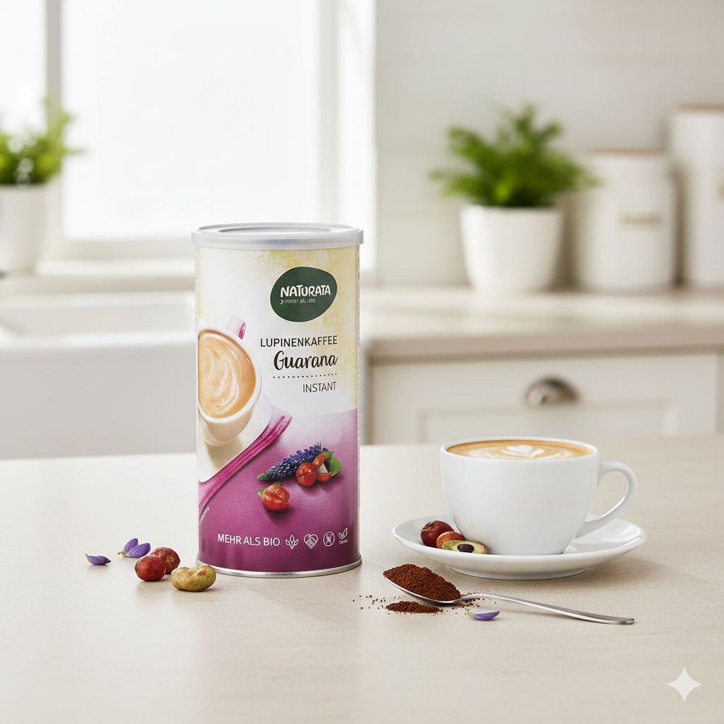 Caffè di lupini Naturata con Guaranà Istantaneo in lattina, accanto a una tazza di caffè e un cucchiaio di polvere.