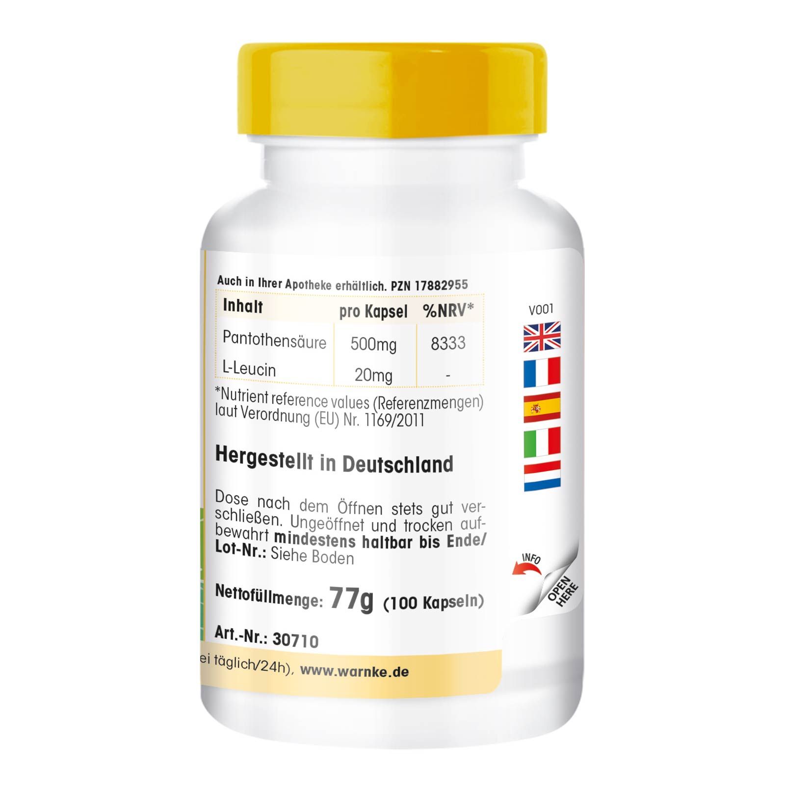 Flacone bianco con tappo giallo. Testo: Acido pantotenico 500mg, L-Leucina 20mg. Peso netto: 77g (100 capsule). Prodotto in Germania.