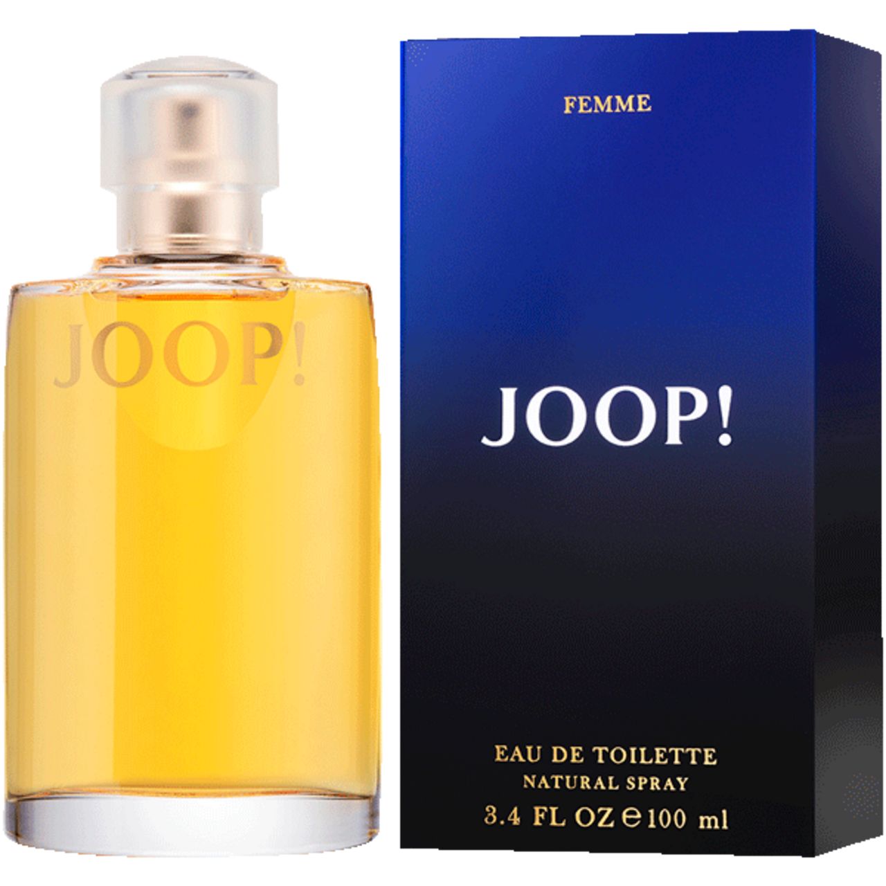 Flacone e confezione Joop! Eau de Toilette. Flacone rettangolare, dorato. Confezione blu-nera con scritta JOOP!
