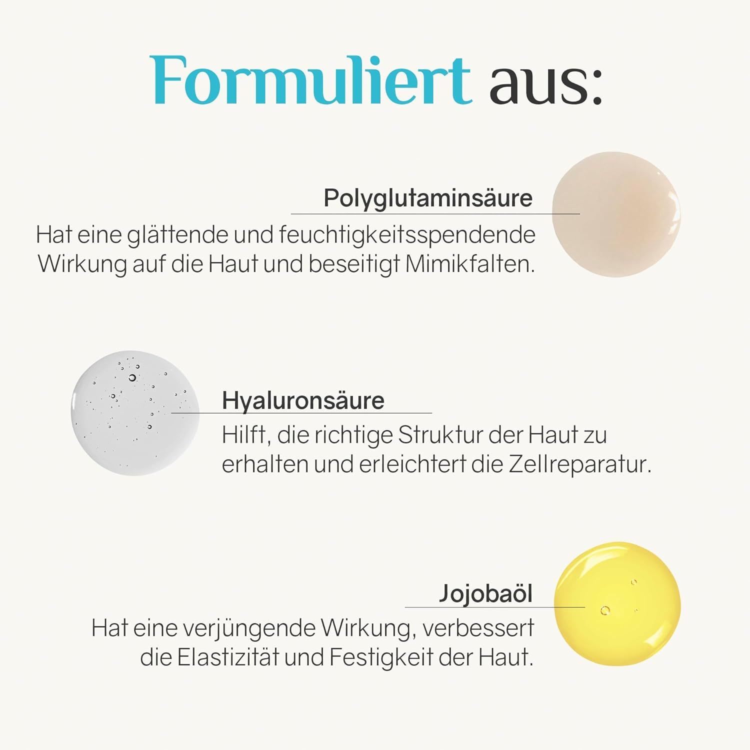 Illustrazione degli ingredienti: acido poliglutammico, acido ialuronico e olio di jojoba. Il testo descrive l'effetto sulla pelle.