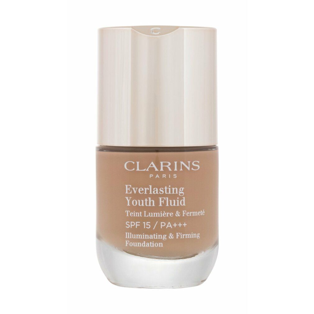 Clarins Everlasting Youth Fluid SPF 15. Flacone con tappo chiaro e liquido beige. Testo: Illuminating & Firming Foundation.