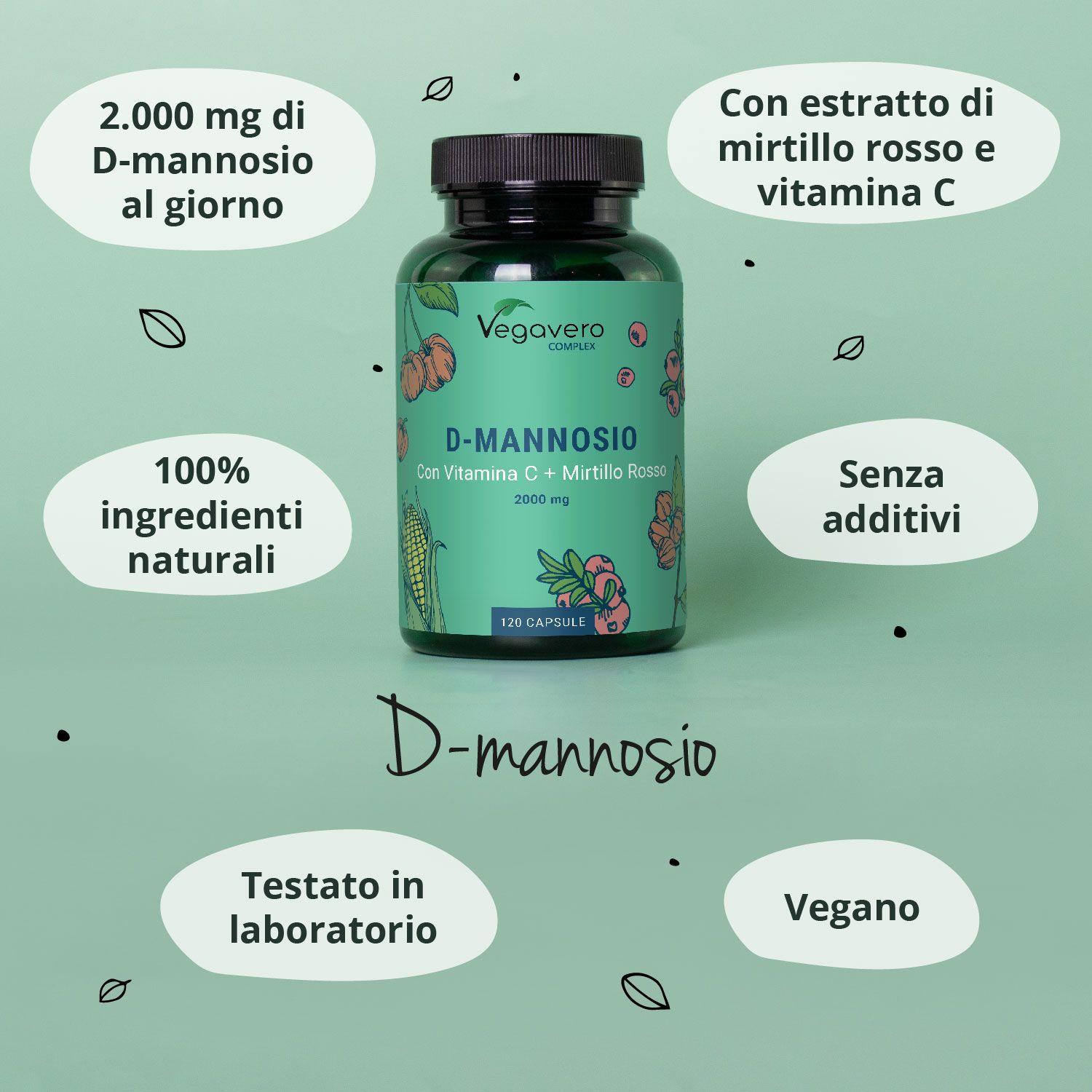 Flacone verde con tappo nero. Scritta: D-Mannose, 120 capsule. Con vitamina C + mirtillo rosso. Vegavaro Complex. Informazioni aggiuntive.