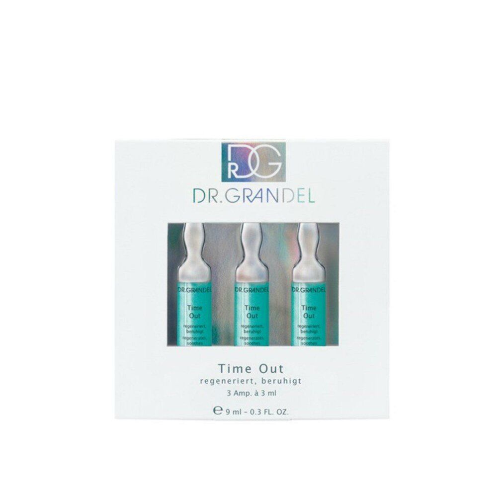 Confezione con tre fiale. Scritta: Dr. Grandel, Time Out, rigenera, lenisce. 3 fiale, 3 ml, 9 ml - 0.3 FL. OZ.