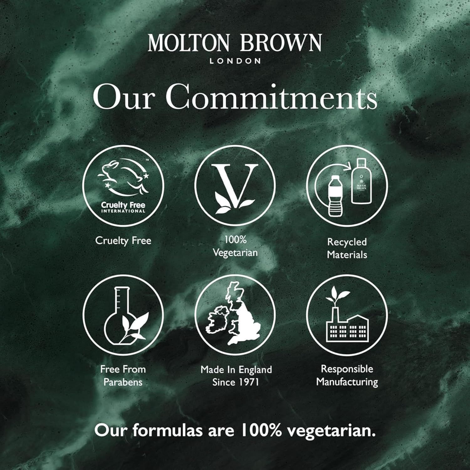 Grafica con loghi: Cruelty Free, 100% Vegetariano, materiali riciclati, senza parabeni, Made in England, produzione responsabile.