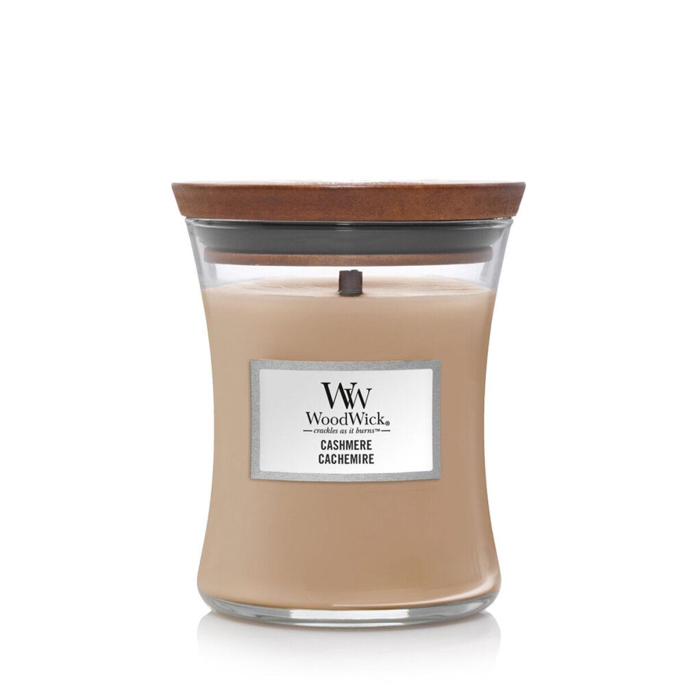 Candela a clessidra con coperchio in legno. Etichetta 'Cashmere'.