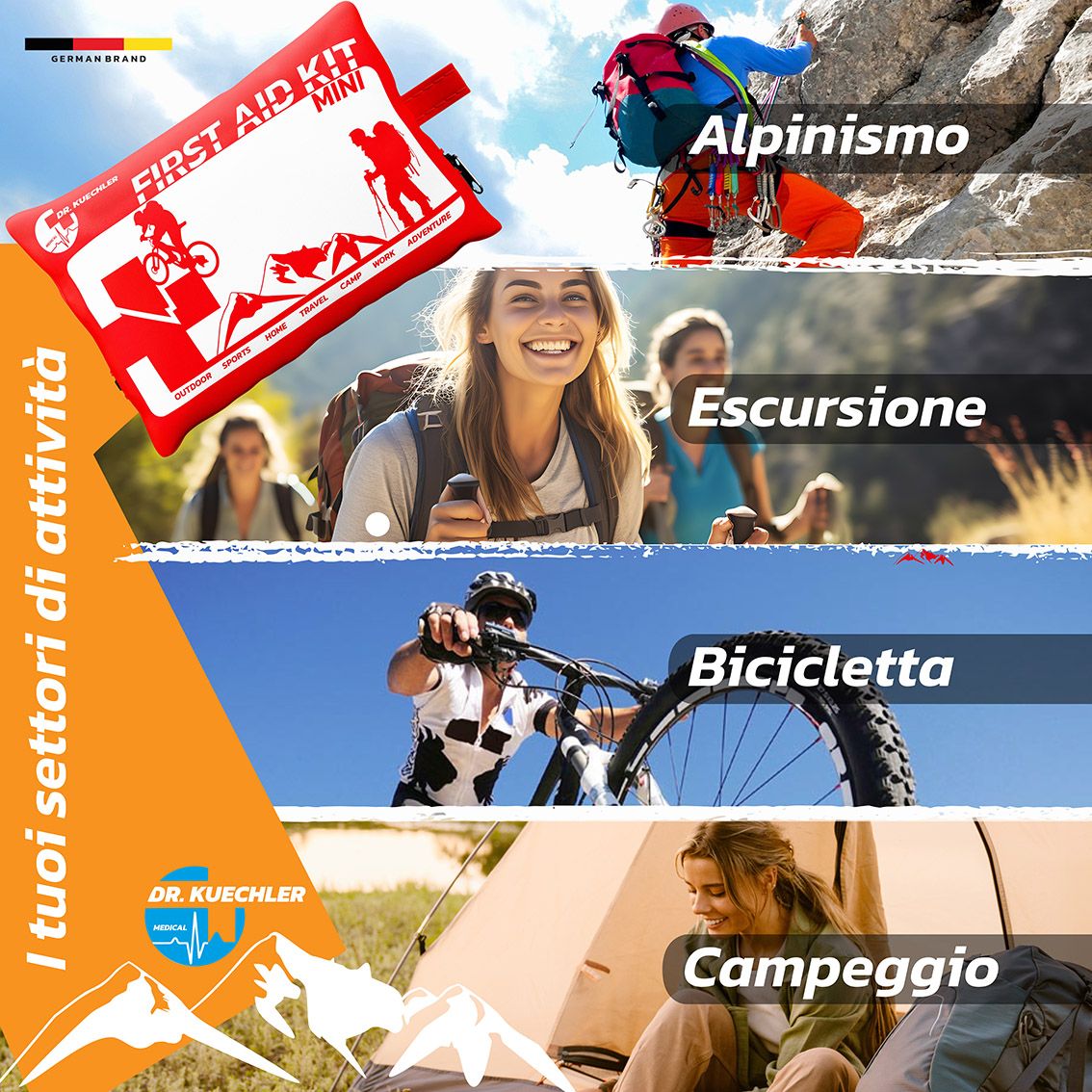 Kit di pronto soccorso rosso con stampa: First Aid Kit Mini. Scene: Alpinismo, escursioni, bicicletta, campeggio.
