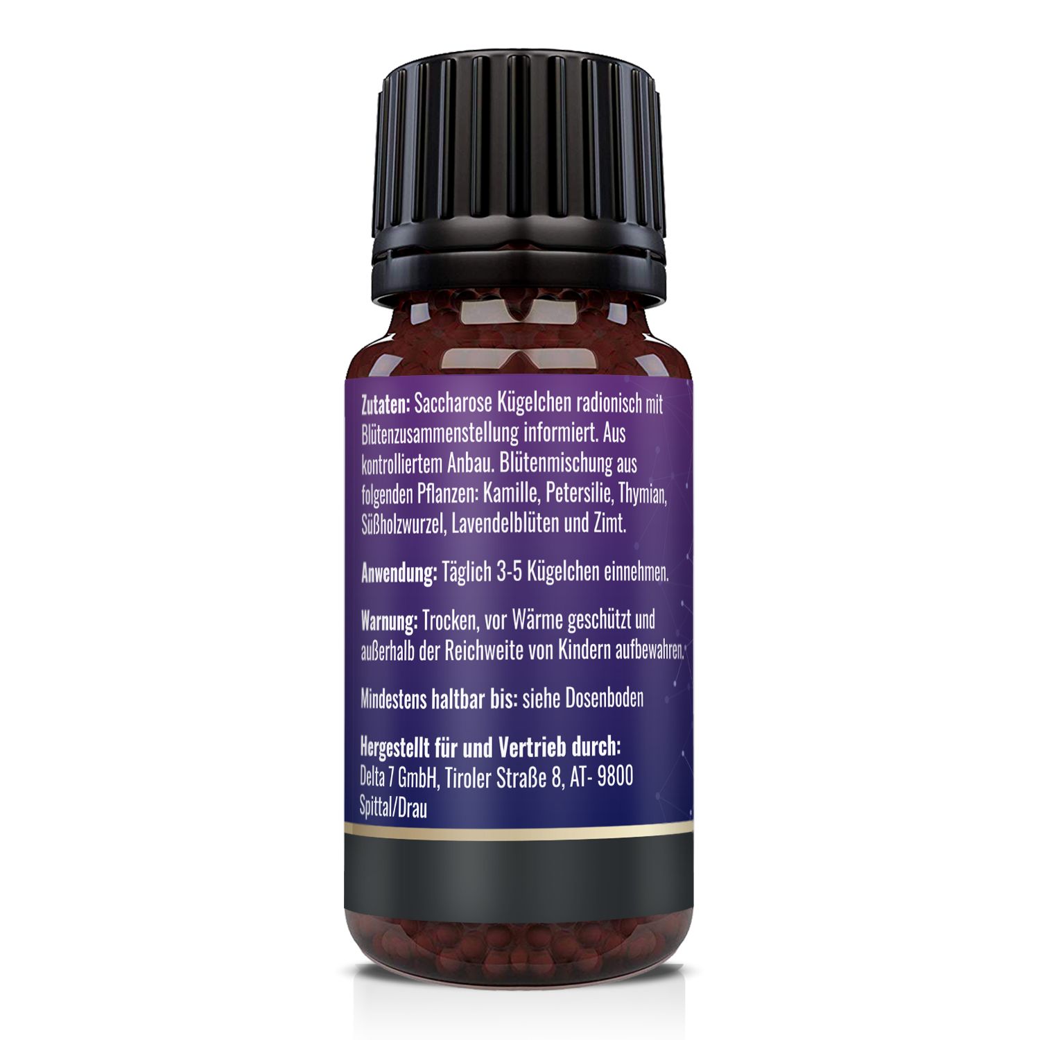 Retro del flacone. Elenco ingredienti: granuli di saccarosio, miscela di fiori. Uso: 3-5 granuli al giorno. Avvertenza.