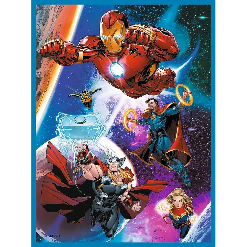 Puzzle con eroi Avengers. Iron Man, Captain America, Vision e Wasp raffigurati. Cielo come sfondo.