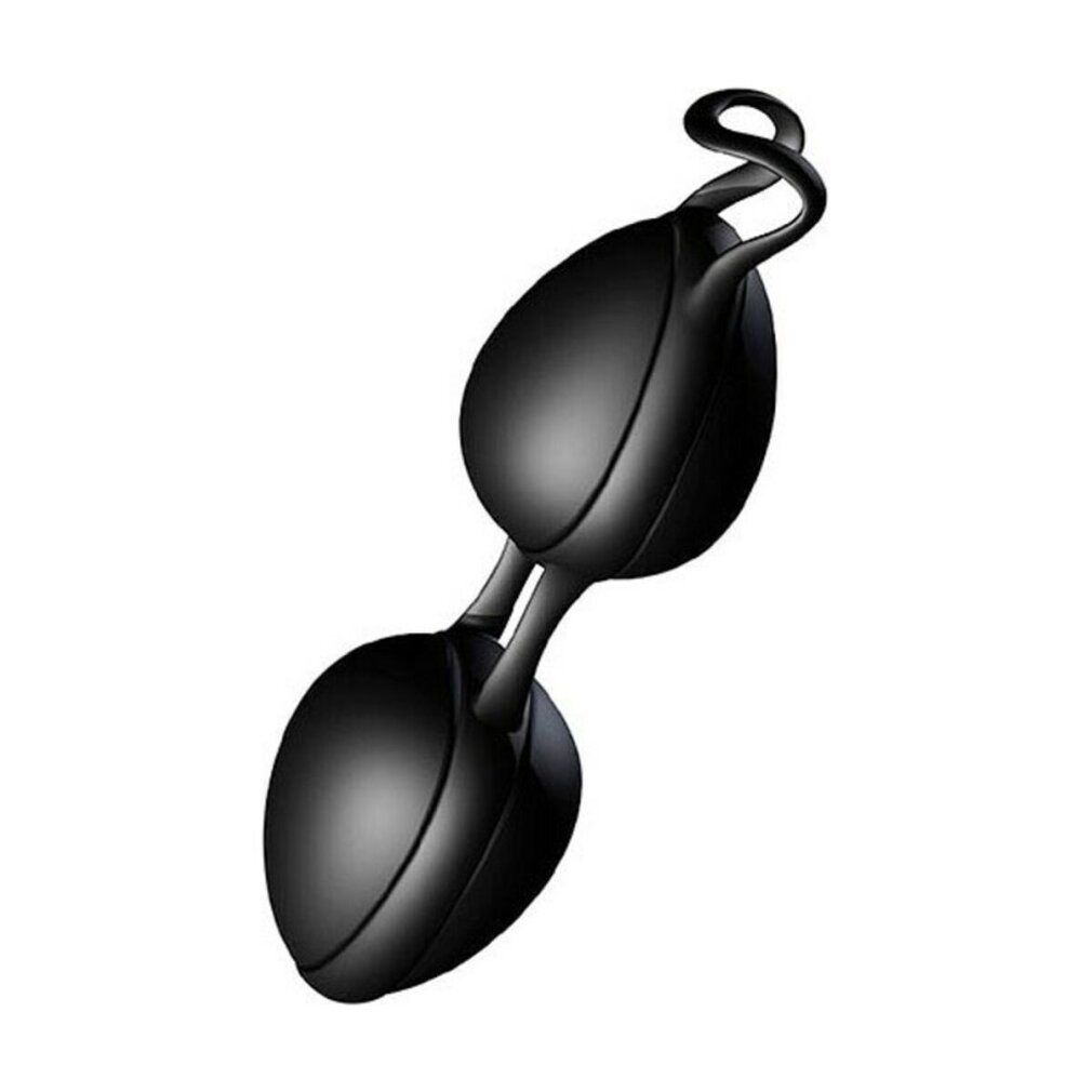 Due sfere ovali nere collegate da un'asta. Anello attorcigliato all'estremità. Su sfondo bianco.