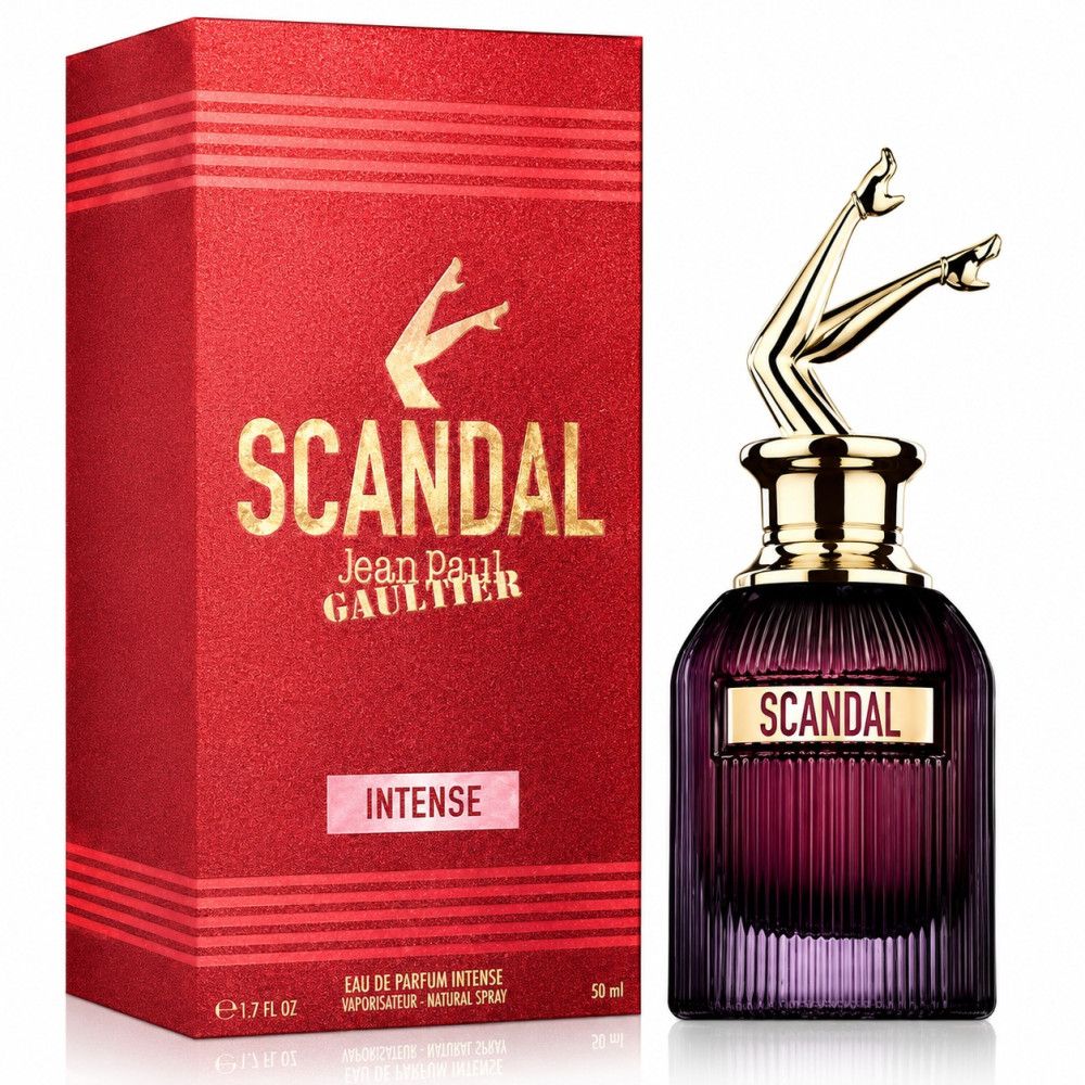 Scatola rossa con scritta "SCANDAL" e Jean Paul Gaultier. Accanto, il flacone viola abbinato.