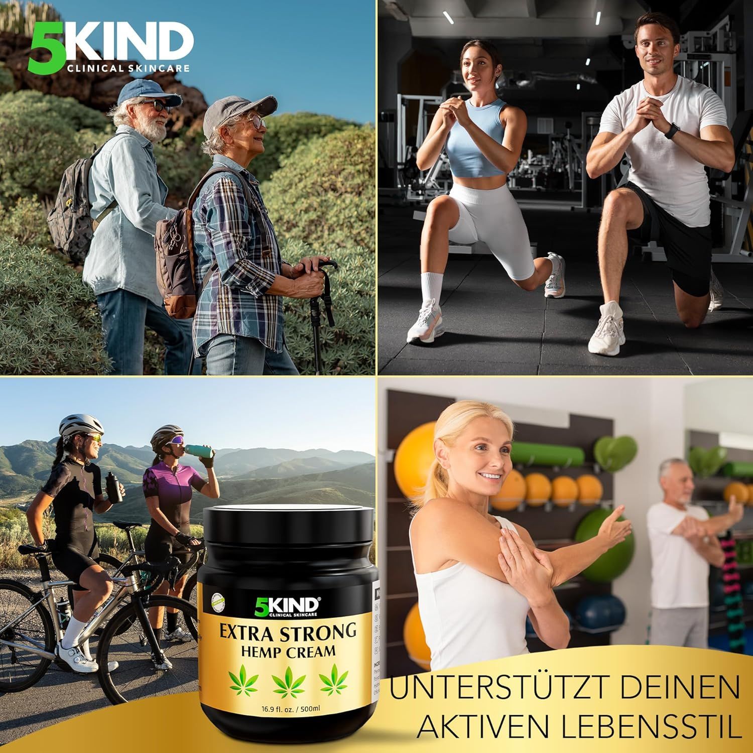 Diverse immagini. Vaso nero con etichetta dorata. Scritta: EXTRA STRONG HEMP CREAM. Tre foglie di cannabis. 16,9 fl. oz. / 500 ml. Testo: SOSTIENE IL TUO STILE DI VITA ATTIVO.