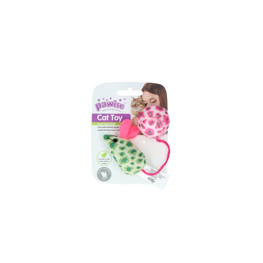 Giocattolo per gatti Pawise con topo e palla. Topo verde maculato, palla rosa. Confezionato su una carta con nome e logo del prodotto.