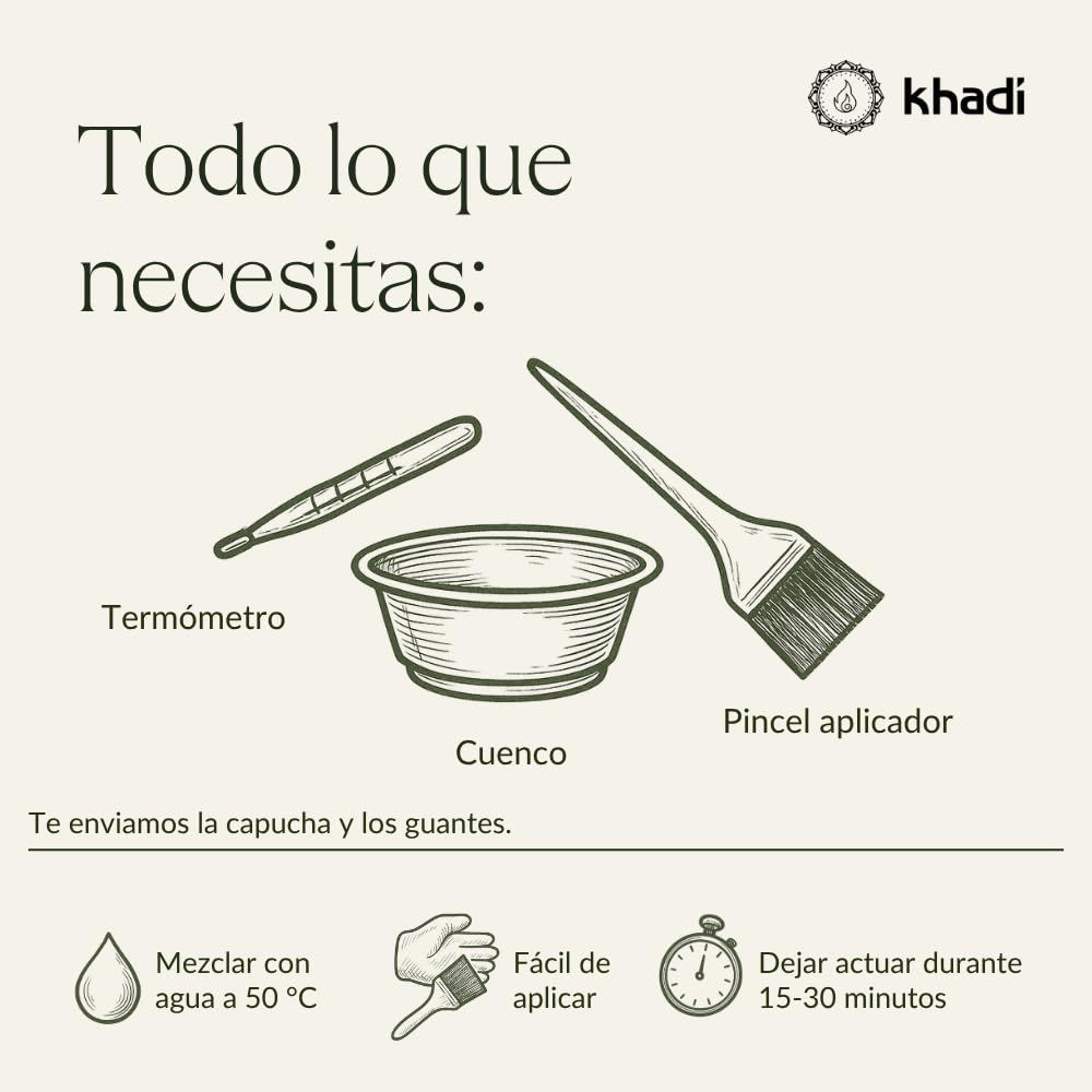 Illustrazione di utensili: termometro, ciotola, pennello. Testo: Todo lo que necesitas. Miscela con acqua a 50°C.