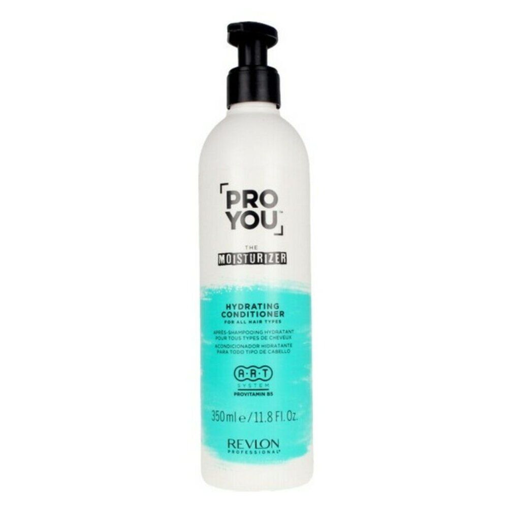 Flacone bianco con dosatore nero. Testo: PRO YOU THE MOISTURIZER, Hydrating Conditioner. Striscia turchese. 350ml/11.8 Fl. Oz. Revlon Professional.