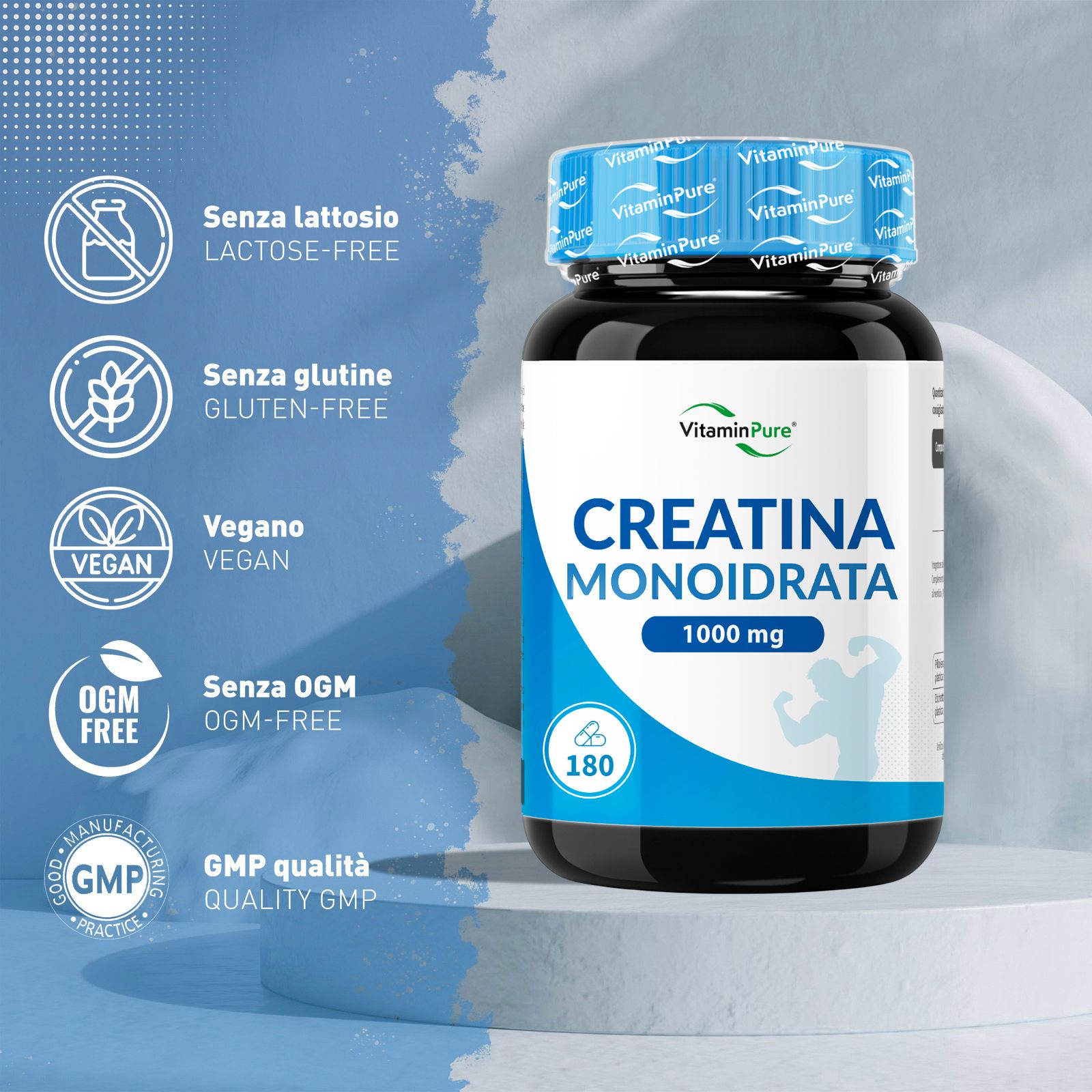 VitaminPure Creatina Monoidrata, 180 compresse. Flacone con tappo ed etichetta blu. Senza glutine, senza lattosio, vegano, senza OGM, GMP.