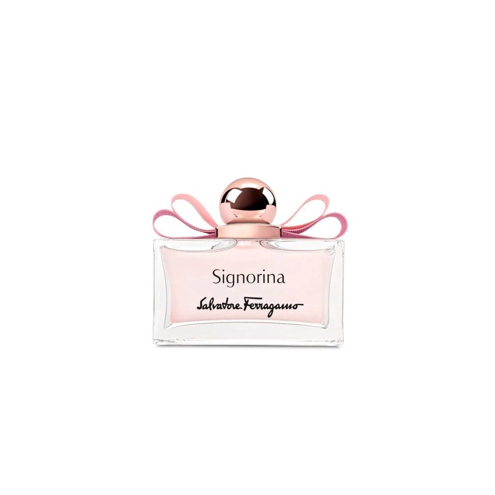 Flacone di profumo Signorina Eau de Parfum. Flacone rettangolare in vetro con liquido rosa. Fiocco rosa e tappo dorato.