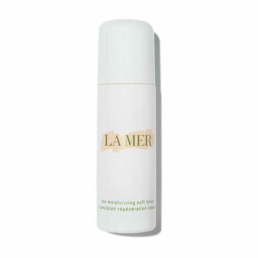Flacone bianco con tappo. Scritta "LA MER" e testo. Nome del prodotto: "the moisturizing soft lotion".