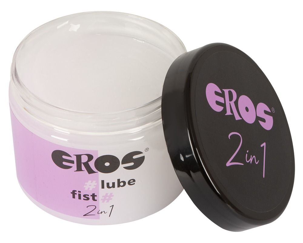 EROS 2in1 #lube fist Lubrificante ibrido in un barattolo trasparente con coperchio nero.