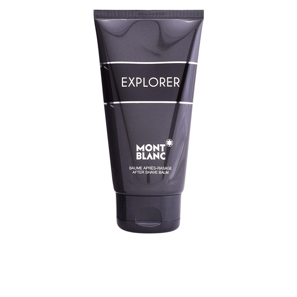 Tubo nero con scritta bianca EXPLORER e MONTBLANC. Scritta: Baume après-rasage/After Shave Balm.