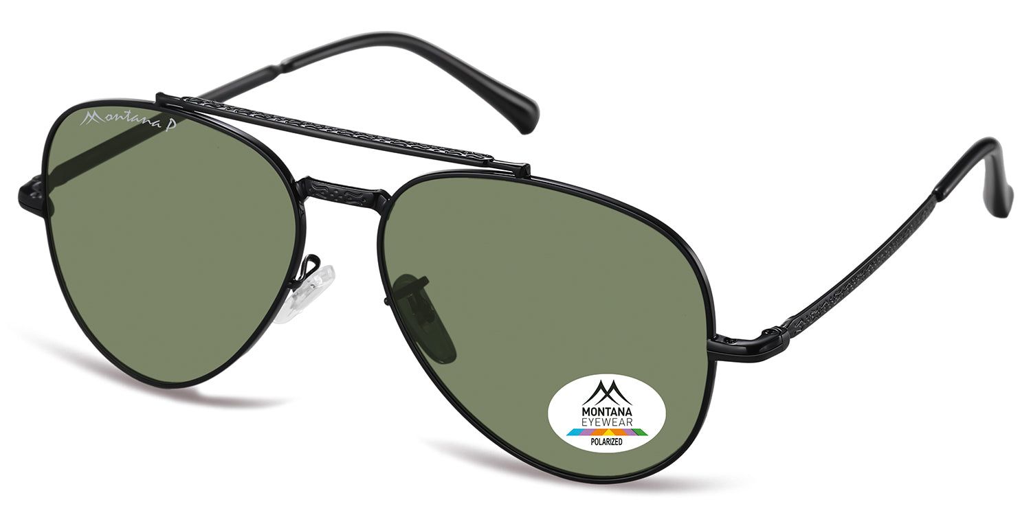 Occhiali da sole neri, forma a goccia, lenti verdi. Logo Montana Eyewear ed etichetta Polarized. Vista prospettica.