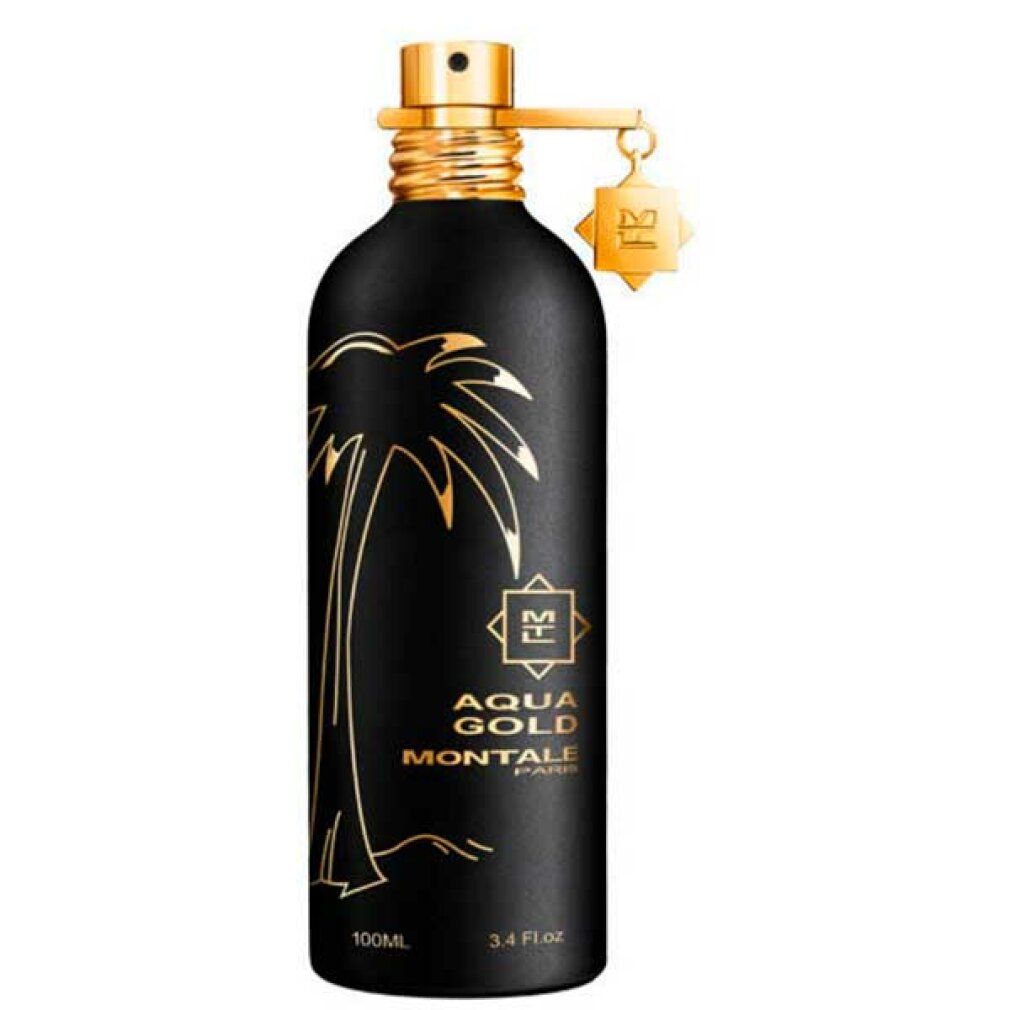 Flacone di profumo nero con scritta dorata e dettagli dorati. Scritta: Montale Aqua Gold Eau de Parfum.