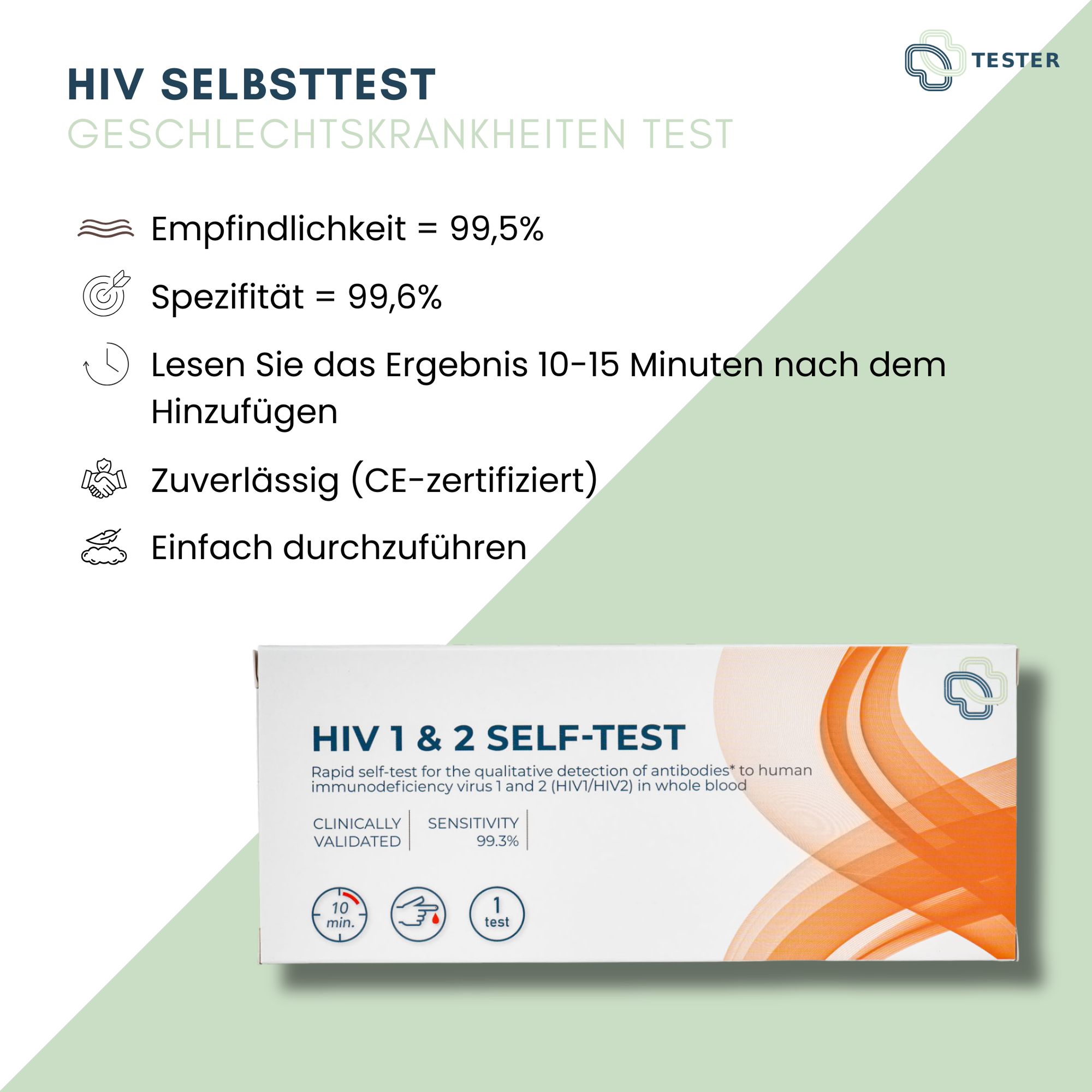 Confezione del prodotto con testo: Autotest HIV 1 & 2. Diagramma con informazioni su sensibilità e affidabilità. Certificato CE.