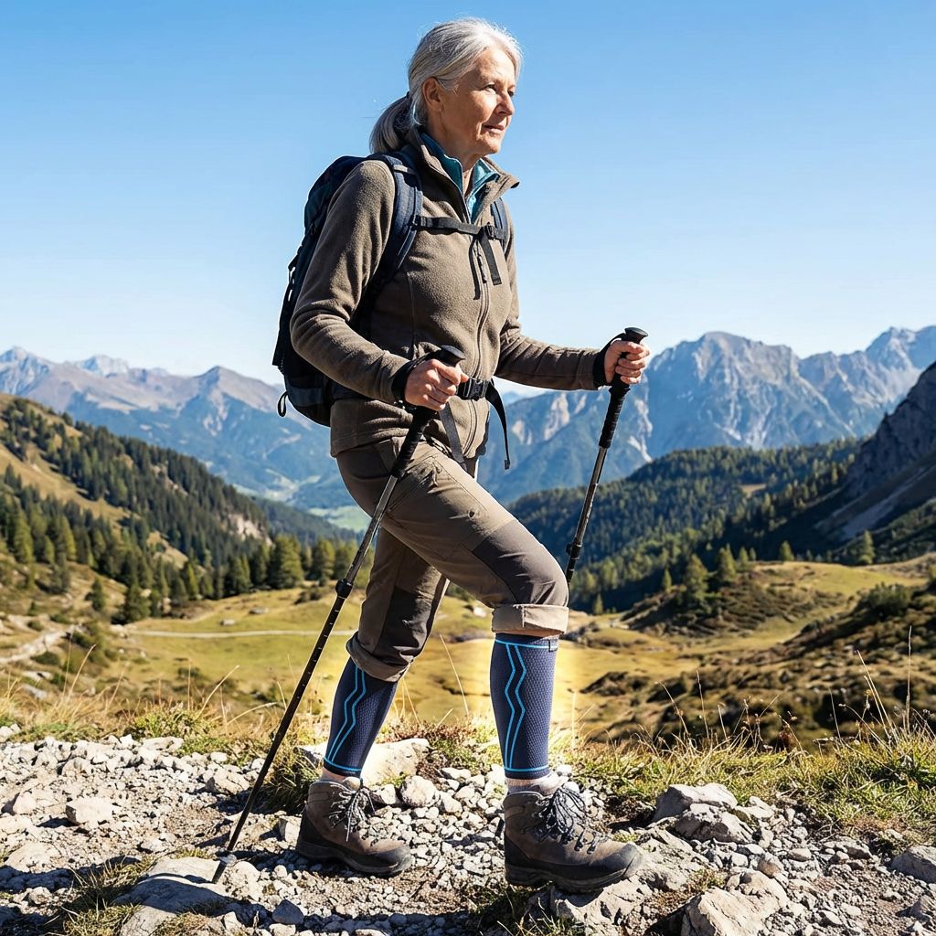 Donna anziana che cammina con bastoncini. Bendaggi per polpaccio blu. Montagne sullo sfondo.