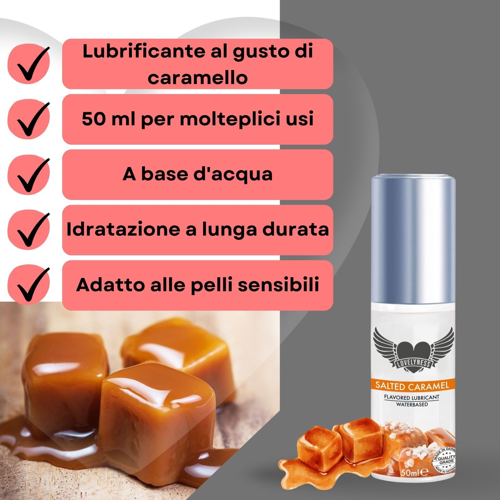 Flacone Salty Caramel. 50ml. Lubrificante al gusto caramello. Prodotto accanto a un massaggio.