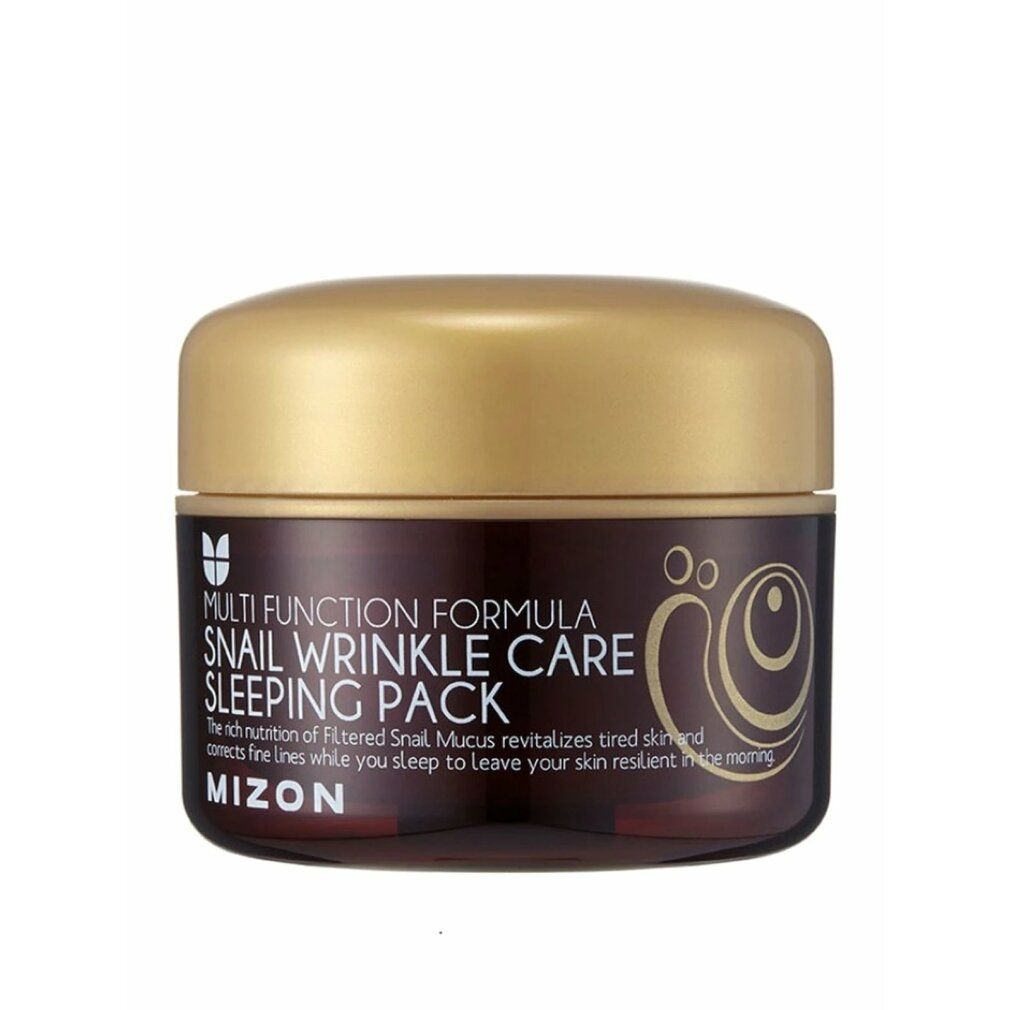 Barattolo marrone con coperchio dorato. Scritta: Multi Function Formula, Snail Wrinkle Care Sleeping Pack, Mizon.