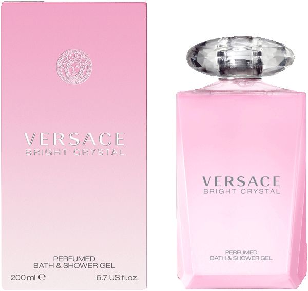 Flacone e confezione di gel doccia rosa. Scritta: Versace Bright Crystal. Bagno e gel doccia profumato.