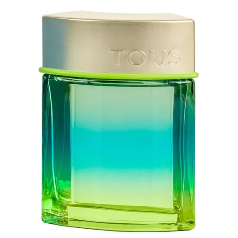 Flacone Tous Man Chill. Quadrato, verde-blu. Tappo dorato con testo. Anello verde. Tous Man Chill.