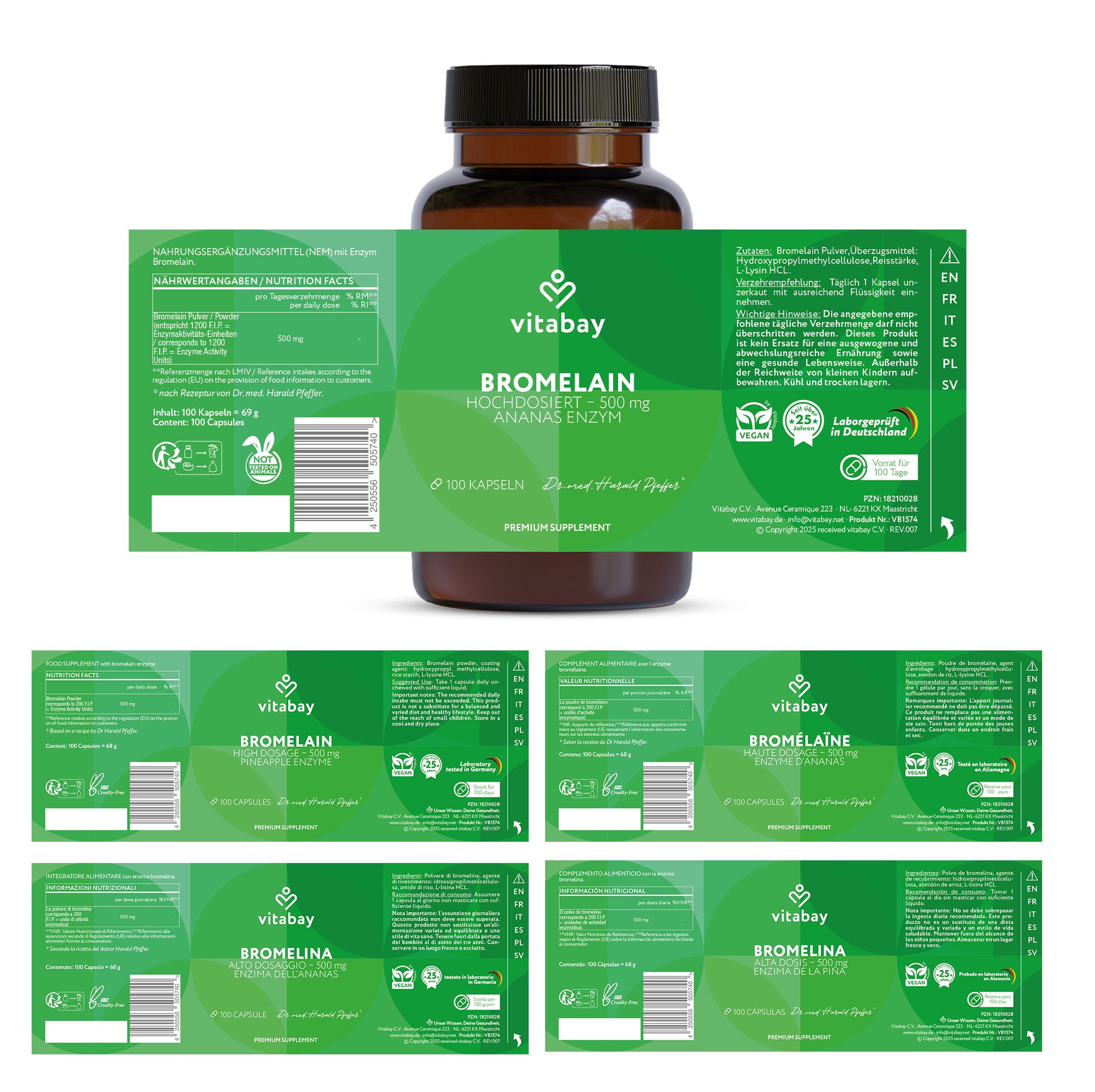 Flacone marrone con etichetta verde: Vitabay Bromelina 500mg, 100 capsule. Diverse etichette. Certificazioni.