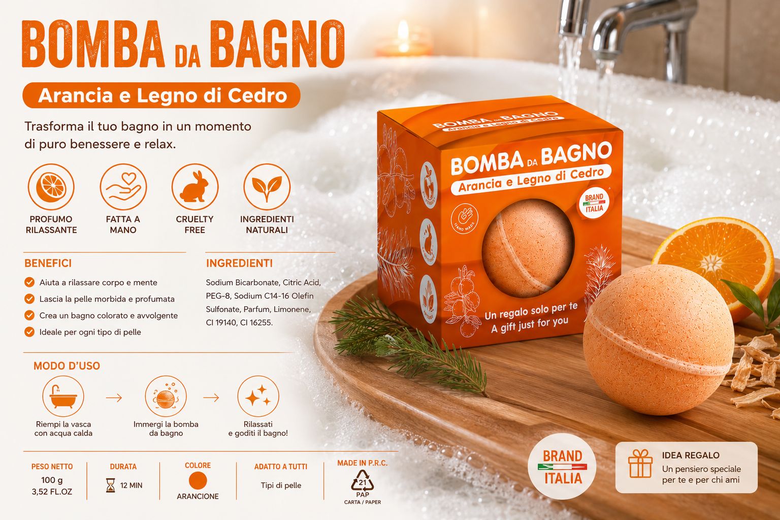 BRAND ITALIA - 3 Bombe da Bagno ARANCIA E LEGNO DI CEDRO