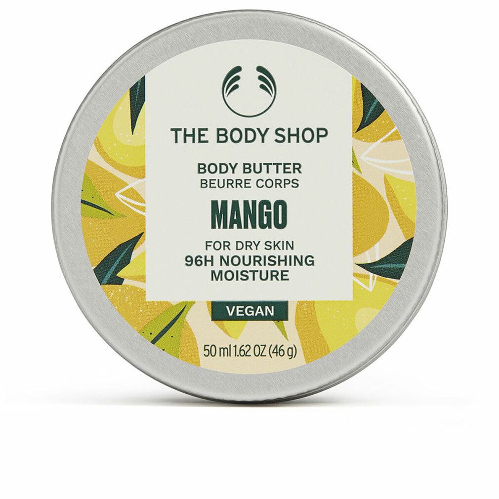 Barattolo rotondo di burro corpo Mango. Scritta: The Body Shop, Body Butter, Mango, per pelli secche, 96H idratazione. Vegano.