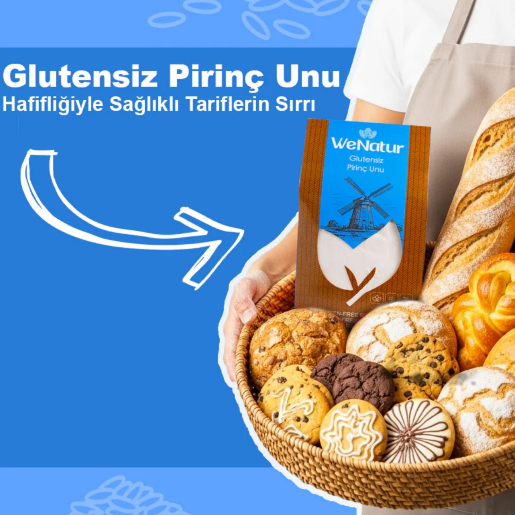 Farina di riso senza glutine WeNatur in una confezione, circondata da prodotti da forno.