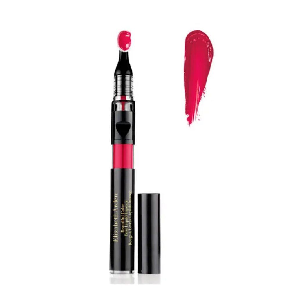 Rossetto con applicatore e impronta di colore. Custodia nera, rossetto rosso. Nome del prodotto e marchio sulla custodia.