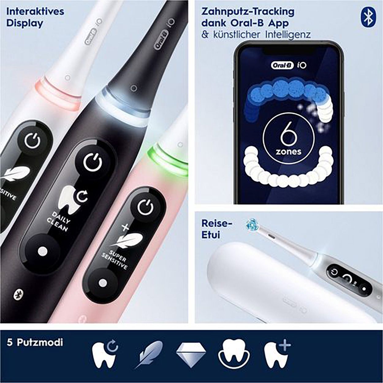 Tre spazzolini Oral-B iO Series 6 in nero, rosa e bianco.