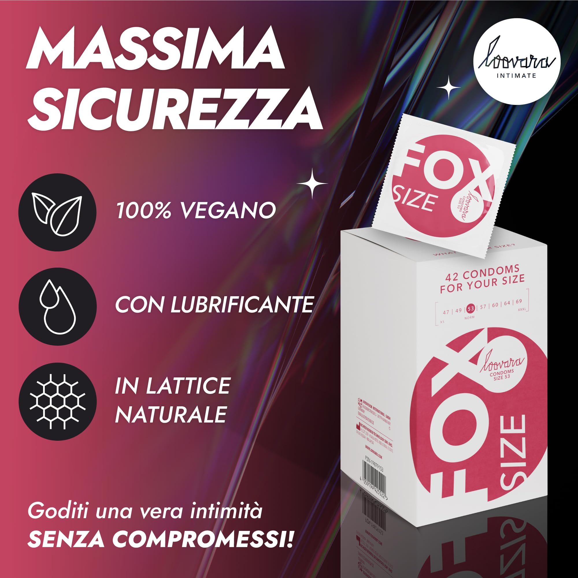 Confezione da 42 preservativi Loovara, taglia 53. Caratteristiche: 100% vegan, con lubrificante, lattice naturale.