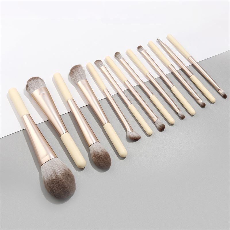 12 pennelli per trucco con manici color crema e ghiera argentata. Varie forme di testine.
