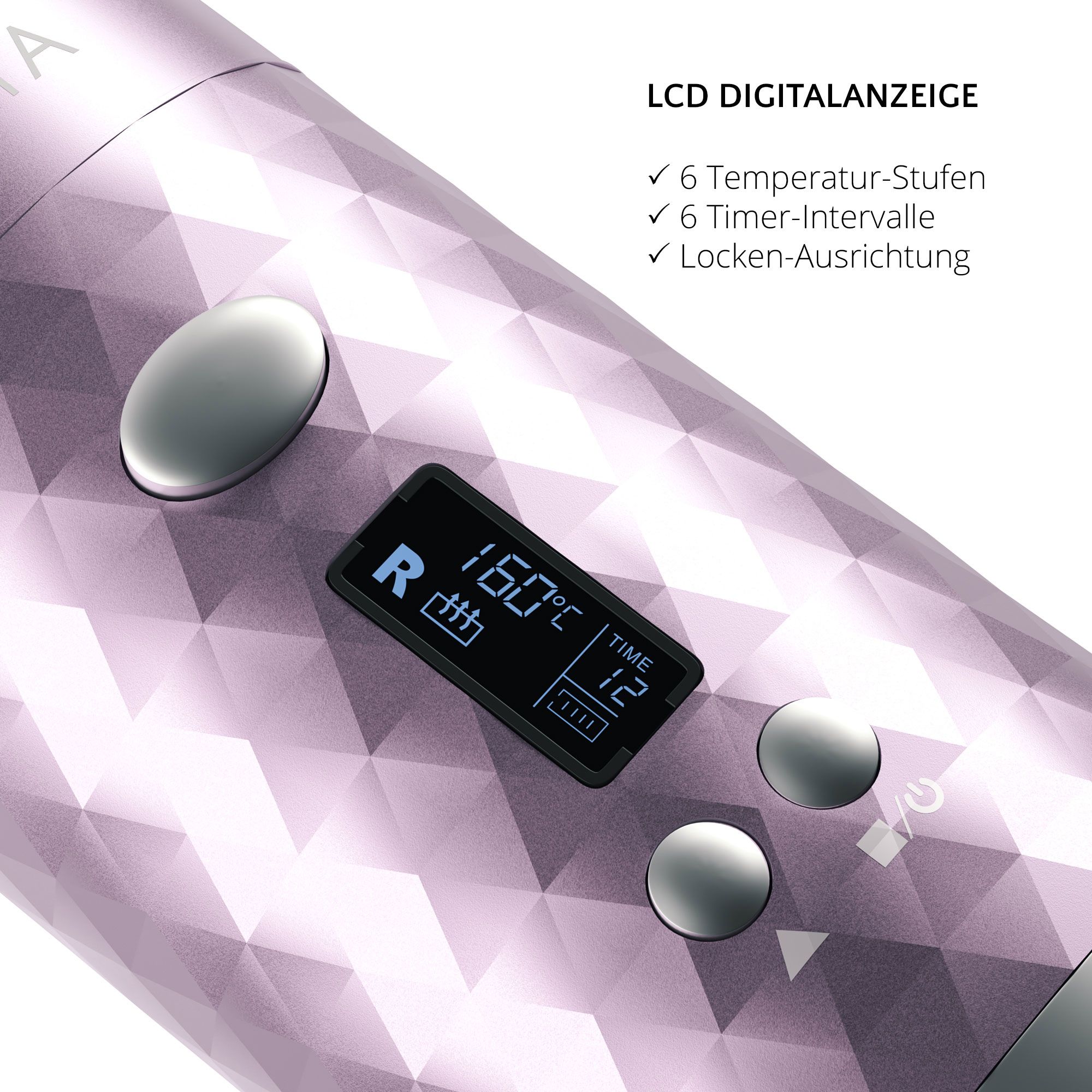 Primo piano del display digitale dell'arricciacapelli. Mostra temperatura e timer. AILORIA.