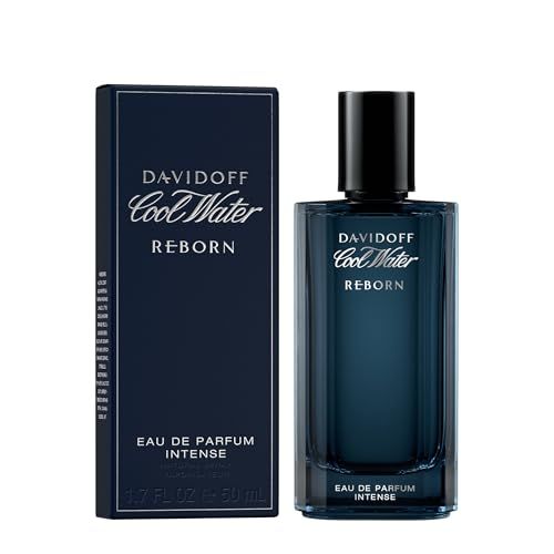 Davidoff Cool Water Reborn Intense Eau de Parfum e confezione. Flacone blu e scatola. Testo: Eau de Parfum Intense.