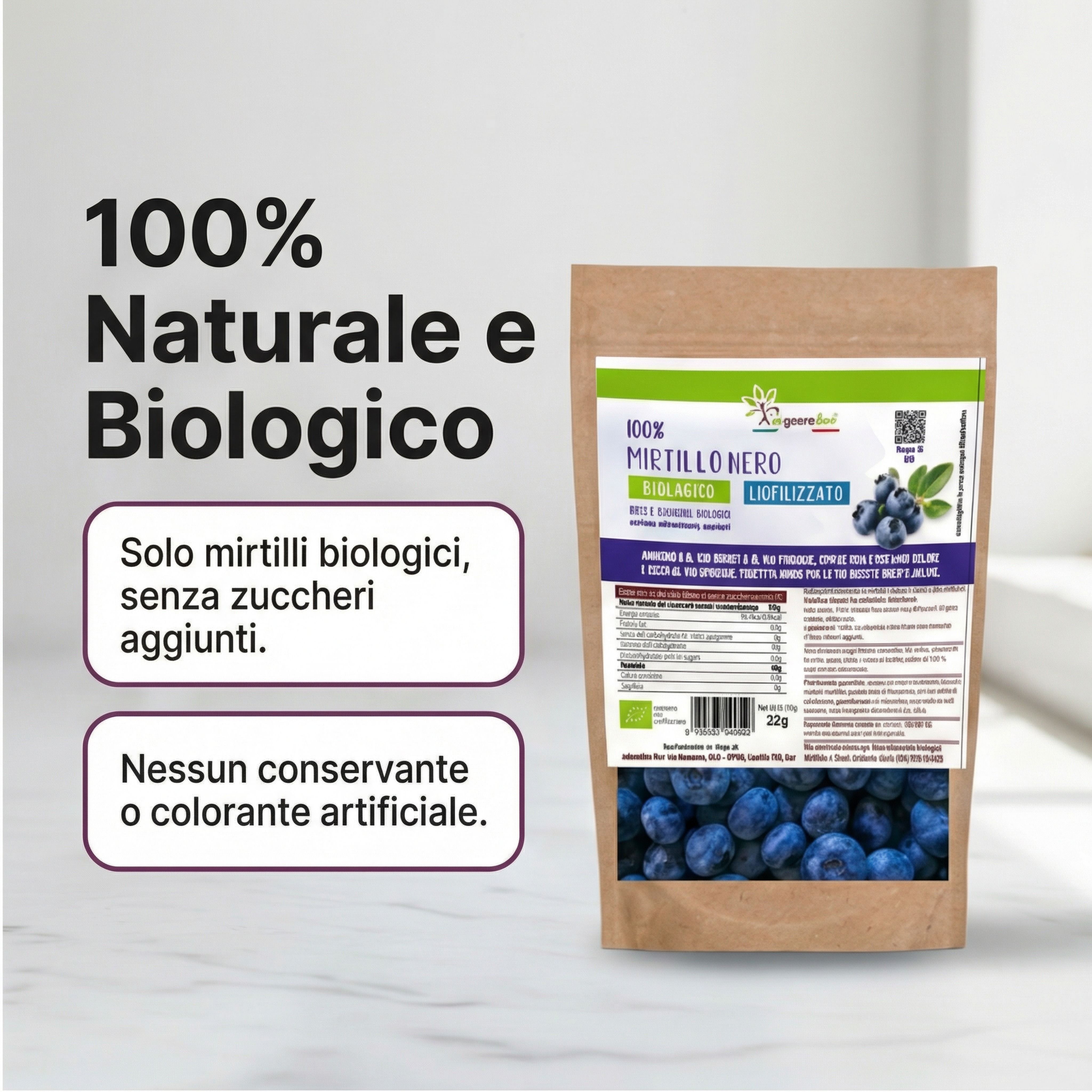 IoBoscoVivo Mirtilli liofilizzati interi bio, senza glutine, senza zuccheri aggiunti