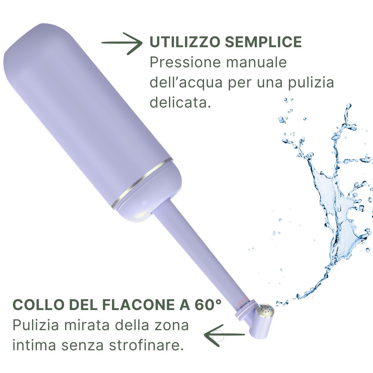 Doccia intima viola con collo a 60°, pressione manuale dell'acqua per pulizia delicata.